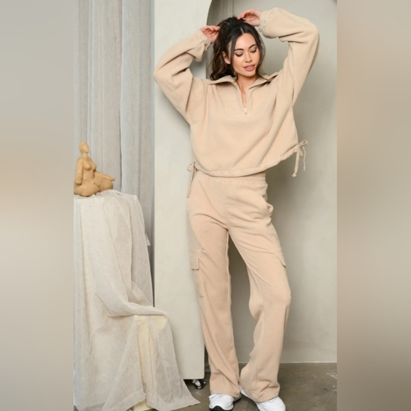 Sweaters - Women's Long Sleeve Fleece Zip Up Pullover Sweater Oatmeal Large